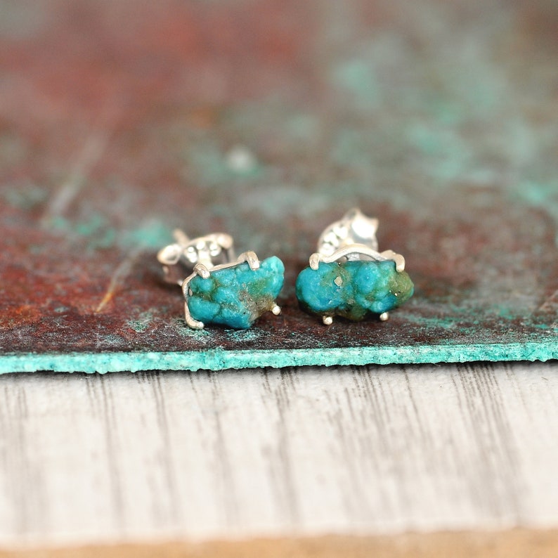 Raw Turquoise Earrings, Sterling Silver Cartilage Earrings, Uncut Gemstone Stud Earrings, Tiny Small Dainty Pair of Earrings image 10