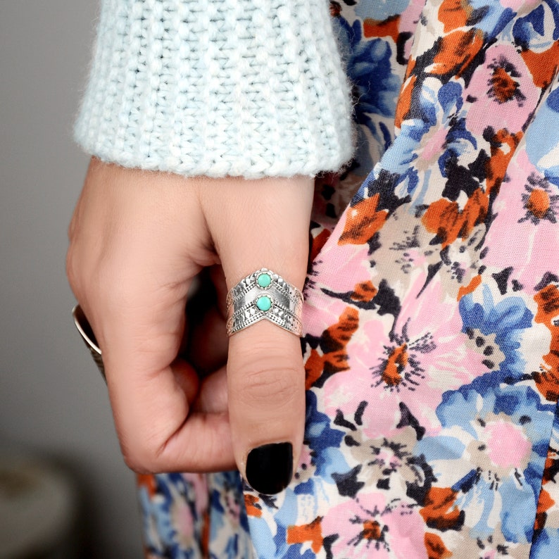 Two Stone Turquoise Ring, Thumb Ring, Chevron Ring, Boho Sterling Silver Ring for Women, Natural Blue Gemstone, Bohemian Jewelry image 2