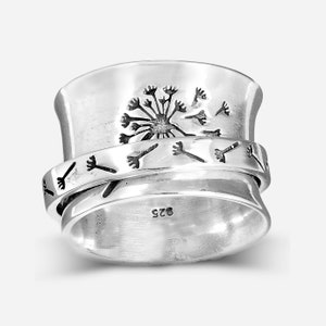 Dandelion Flower Spinner Ring for Women, Sterling Silver Fidget Ring Band, Nature Ring, image 5