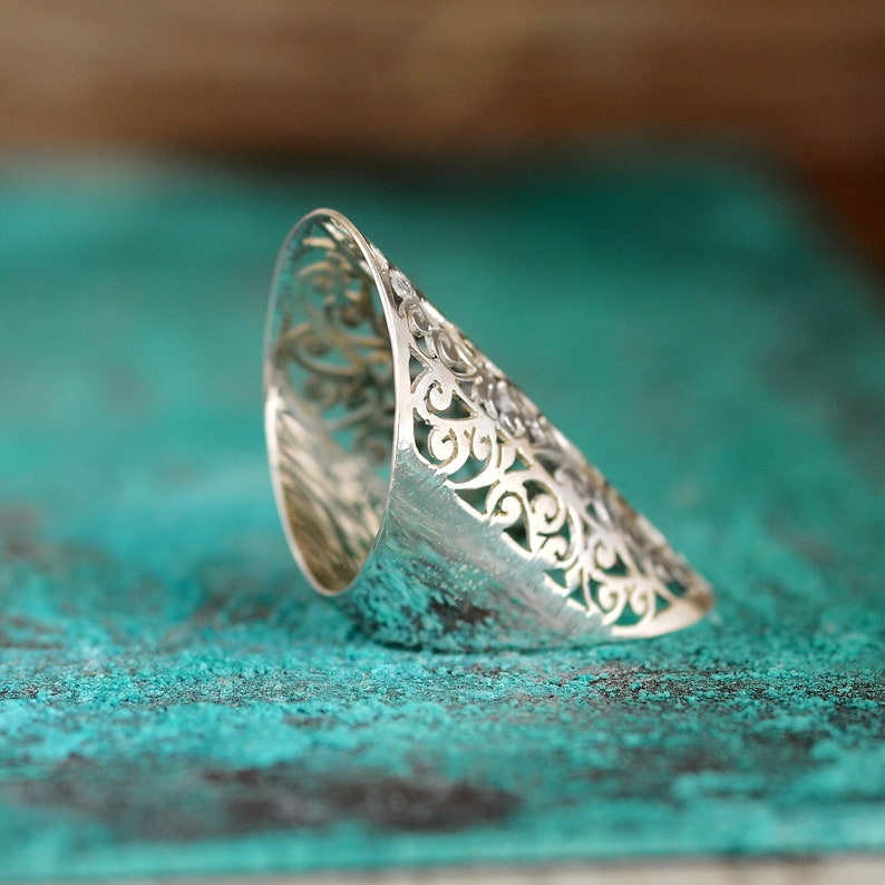 Filigree Ring, Statement Ring, 925 Sterling Silver Ring, Boho, Bohemian Rings for Women, Long Wide Large Full Finger Big Chunky Jewelry image 7