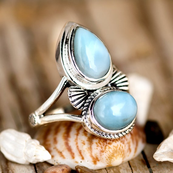 Two Stone Larimar Ring Sterling Silver Ring for Women Blue   Etsy 日本