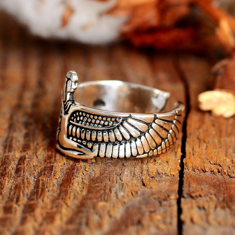Egyptian Ring Isis Goddess Kneeling with Spread Wings, Sterling Silver Ring for Women, Egyptian Jewelry, Adjustable image 3