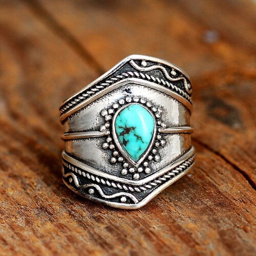 Boho Turquoise Ring Sterling Silver Ring for Women Blue Etsy