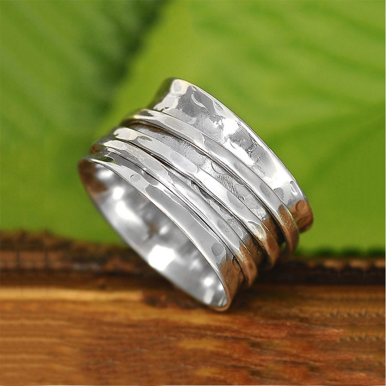 Spinner Ring, Sterling Silver Ring for Women, Boho Chunky Ring, Wide Band Fidget Ring, Hammered Handmade Meditation Ring, 