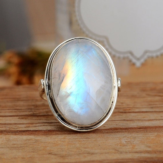 Sterling Silver Large Oval Rainbow Moonstone Ring Sterling Silver Large Oval Rainbow Moonstone Ring