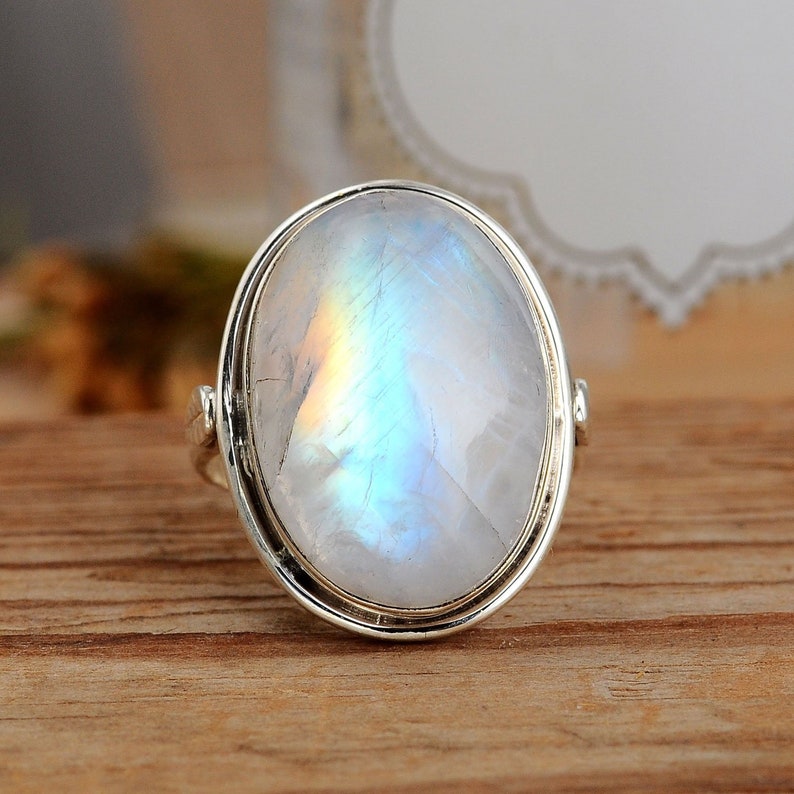 Rainbow Moonstone Ring, Sterling Silver Rings for Women, Boho Simple Ring with Big Stone, Birthstone Gemstone Ring Jewelry image 1