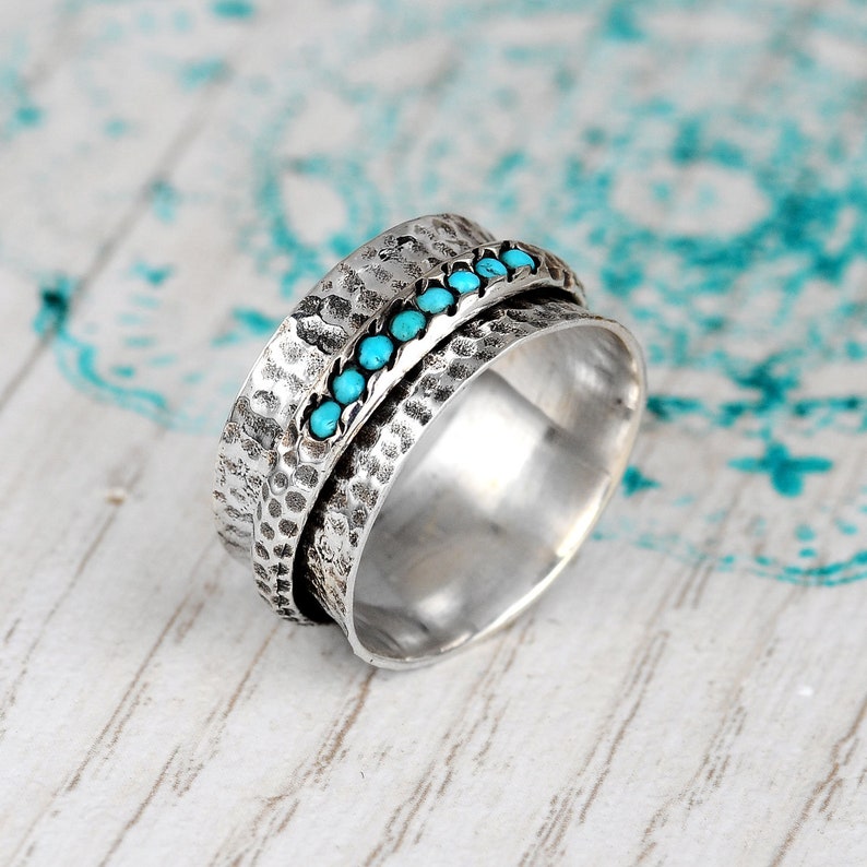 Turquoise Spinner Ring, Sterling Silver Ring for Women, Meditation Ring with Stone, Worry Fidget Ring Band, Oxidized Silver Hammered Ring image 6