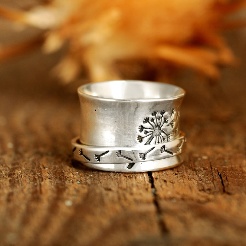 Dandelion Flower Spinner Ring for Women, Sterling Silver Fidget Ring Band, Nature Ring, image 4