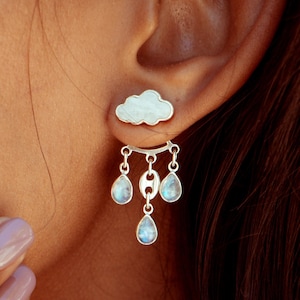 Moonstone Cloud Earrings | Sterling Silver Raindrop Earrings, Unique Moonstone Jewelry, Boho Statement Earrings for Women, Ear Jacket