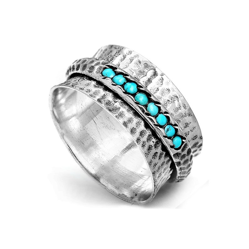 Turquoise Spinner Ring, Sterling Silver Ring for Women, Meditation Ring with Stone, Worry Fidget Ring Band, Oxidized Silver Hammered Ring image 4