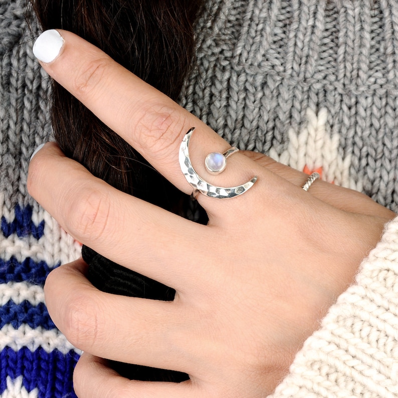 Crescent Moon Ring, Rainbow Moonstone Ring, Adjustable Boho Sterling Silver Ring for Women, Stone Gemstone, Statement Celestial Jewelry image 2