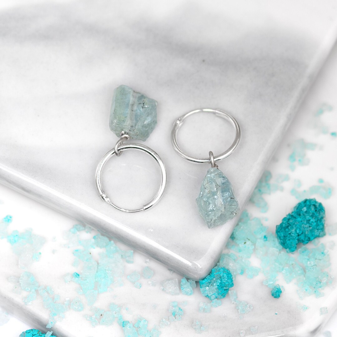 Aquamarine Earrings, Small Hoop Earrings, Raw Stone Earrings, Sterling ...