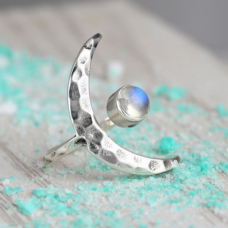 Crescent Moon Ring, Rainbow Moonstone Ring, Adjustable Boho Sterling Silver Ring for Women, Stone Gemstone, Statement Celestial Jewelry image 3