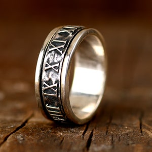 Roman Numeral Ring, Spinner Fidget Ring Men, Sterling Silver Ring, Meditation Worry Anxiety Ring, Unisex Men&#39;s