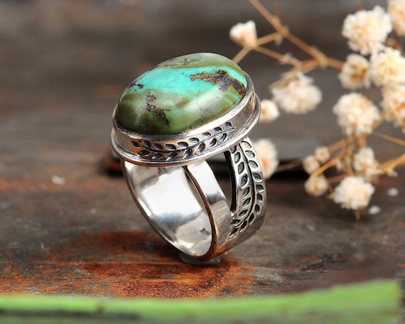 Boho Jewellery Rings Statement Rings Vintage Elaria Turquoise & 925 Sterling Silver Ring Bohemian Hippy 