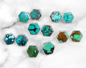 Turquoise Earrings, Sterling Silver Earrings foe Women, Cartilage Stud Earrings, Rhombus Geometric, Boho Green Blue Gemstone Earrings