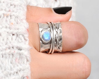 Moonstone Ring, Leaf Spinner Ring, Sterling Silver Ring for Women, Meditation Fidget Wide Band Nature Ring, Stone Boho Worry Ring