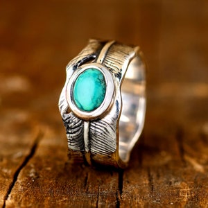 Feather Turquoise Mens Ring, Sterling Silver Ring for Men, Pinky Ring, Blue Stone Ring, Gift for Him