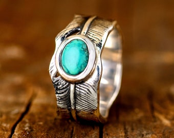 Feather Turquoise Mens Ring, Sterling Silver Ring for Men, Pinky Ring, Blue Stone Ring, Gift for Him