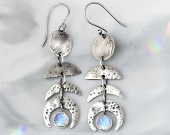 Moon Phase Moonstone Earrings, Celestial Dangle Earrings, Sterling Silver Earrings, Gemstone Stone, Drop Long