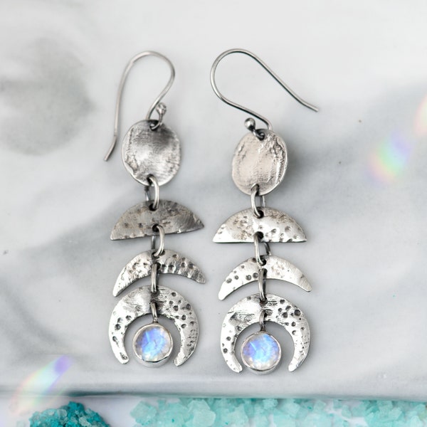 Moon Phase Moonstone Earrings, Celestial Dangle Earrings, Sterling Silver Earrings, Gemstone Stone, Drop Long