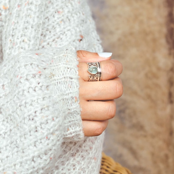 Teardrop Aquamarine Ring, Fidget Anxiety Ring, Sterling Silver Ring for Women, Worry Spinner Ring, Filigree Ring, Blue Stone