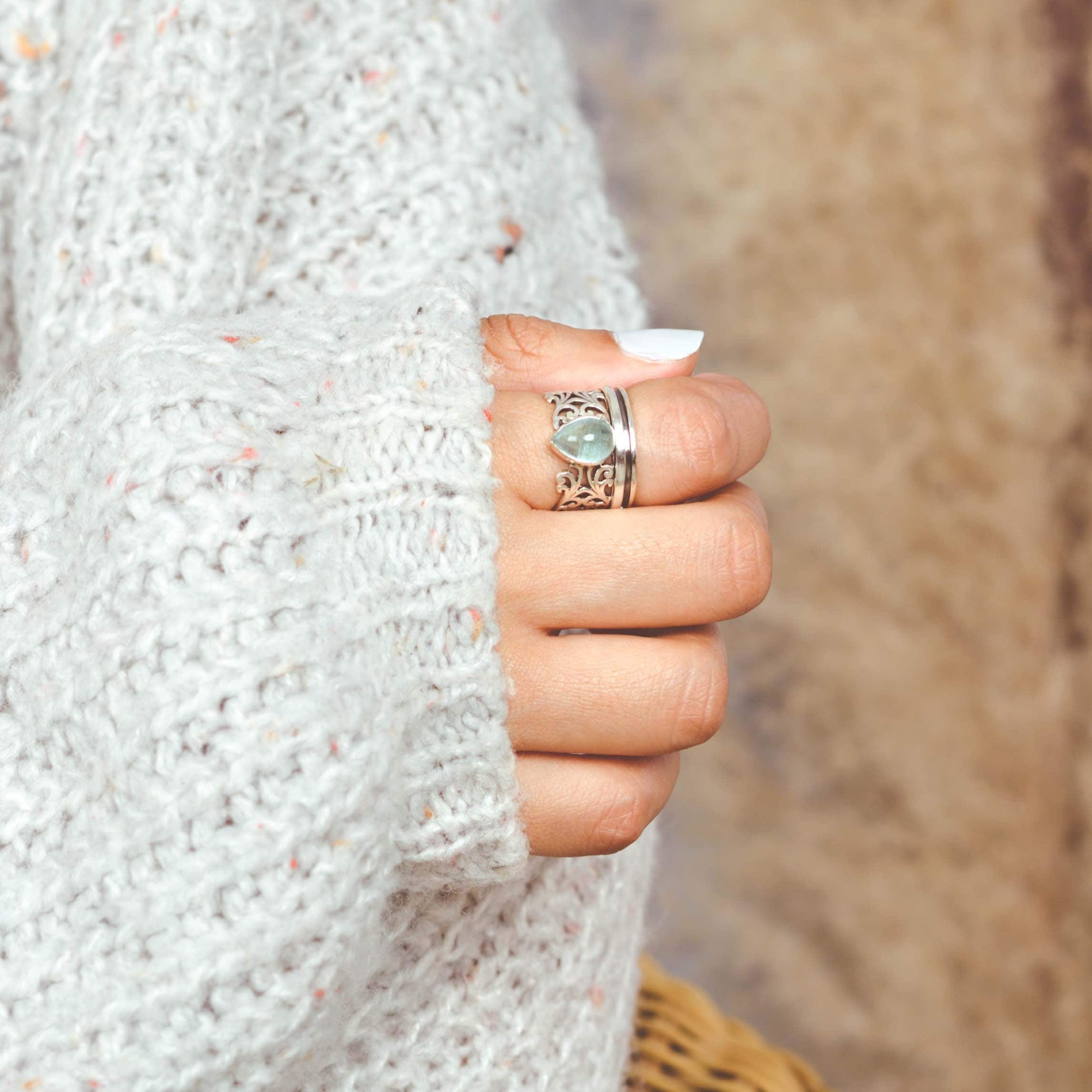 Teardrop aquamarijnring, Fidget Anxiety-ring, sterlingzilveren ring voor vrouwen, Worry Spinner-ring, filigraanring, blauwe steen