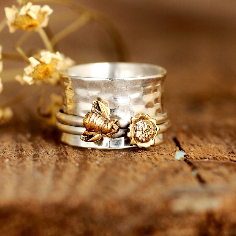 Sunflower and Bee Ring Spinner Ring Sterling Silver Ring for Etsy
