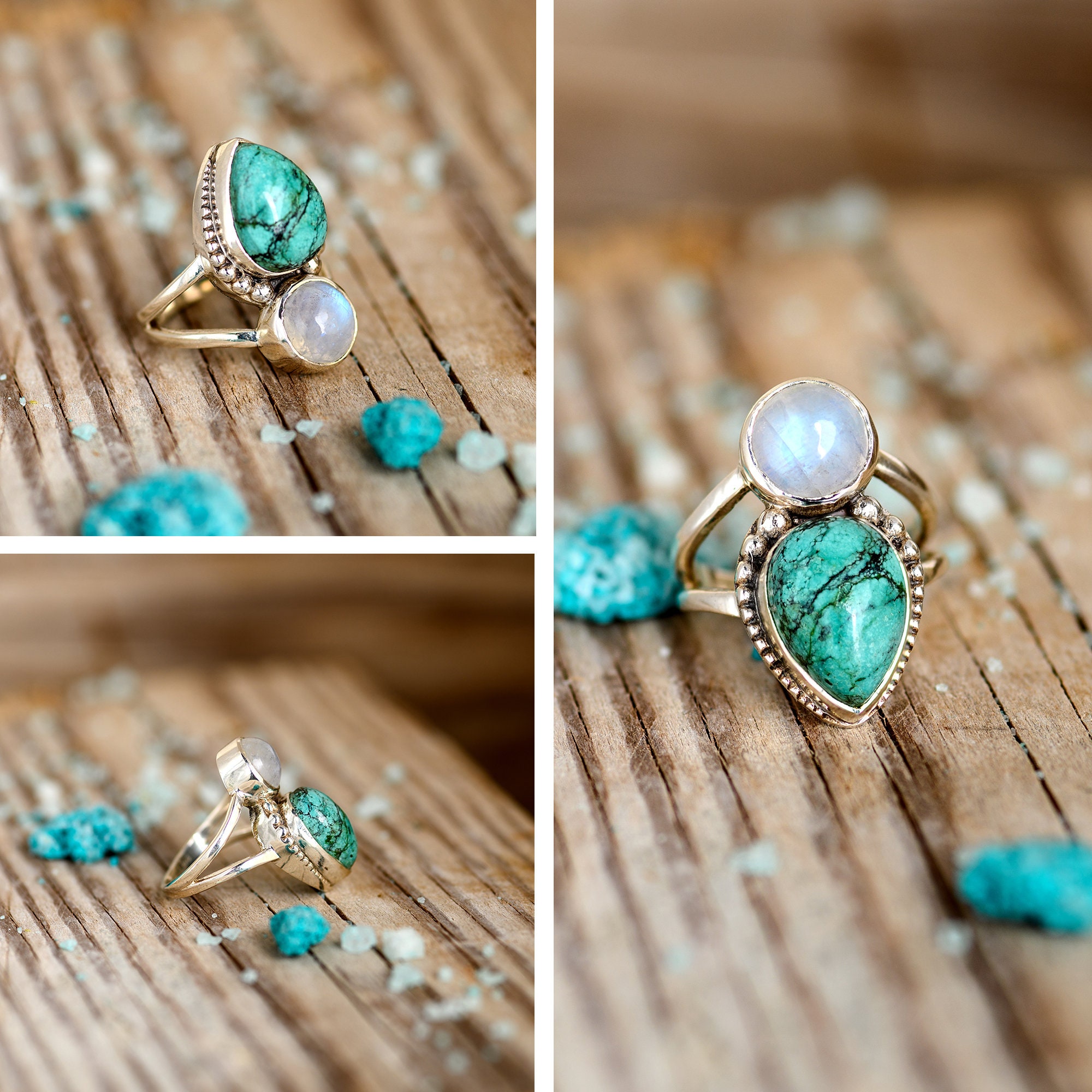 Two Stone Moonstone Turquoise Ring Sterling Silver Ring for Women
