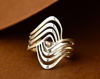 Wave Statement Ring | Sterling Silver Boho Jewelry for Women, Unique Geometric Ring, Full Finger Ring