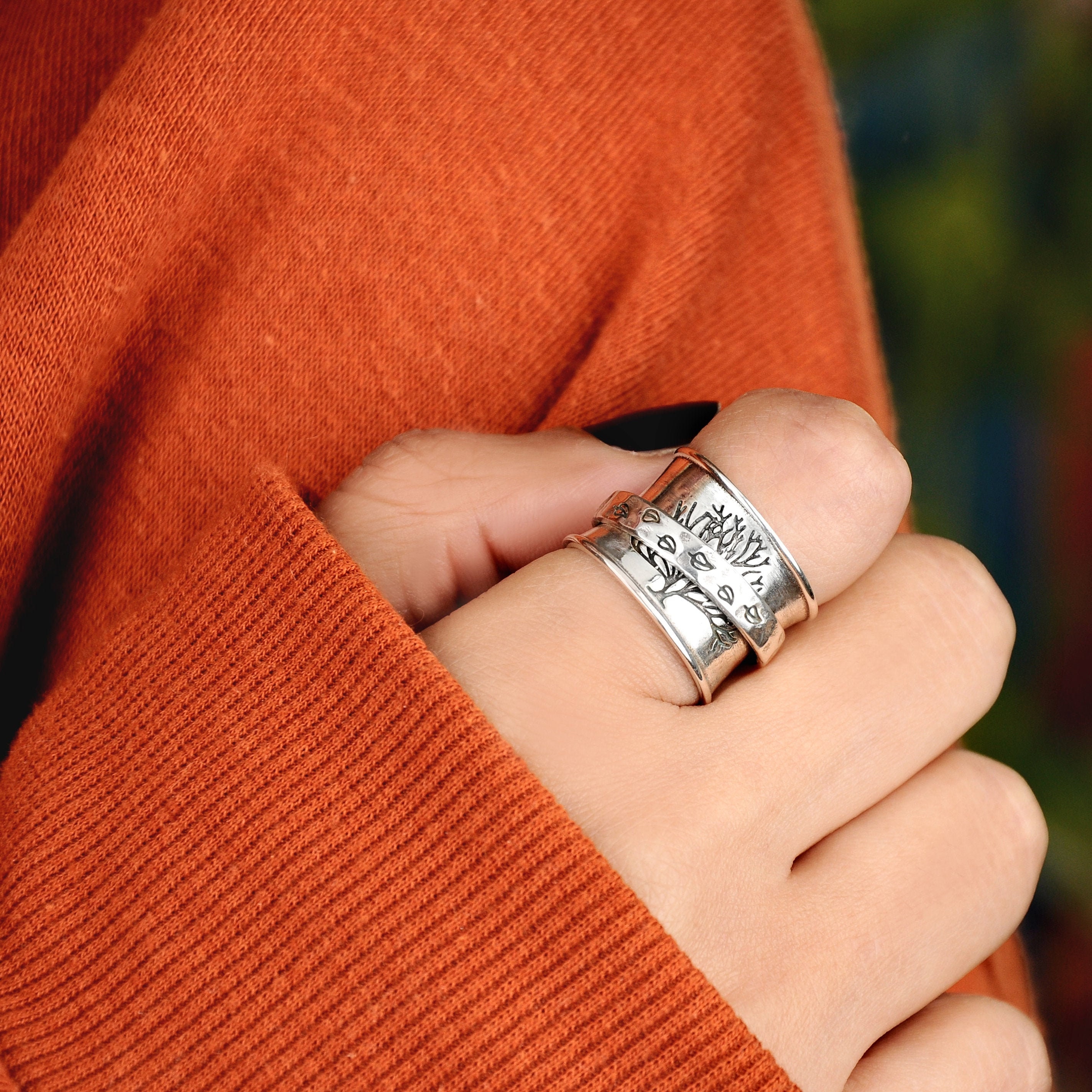 Tree of Life Ring, Spinner Ring, Sterling Silver Ring for Women, Nature Meditation Wide Band, Anxiety Worry Fidget jewelry