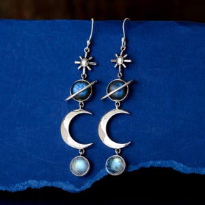Moon and Saturn Labradorite and Moonstone Earrings | Sterling Silver Boho Gemstone Jewelry, Celestial Unique Drop Long Earrings