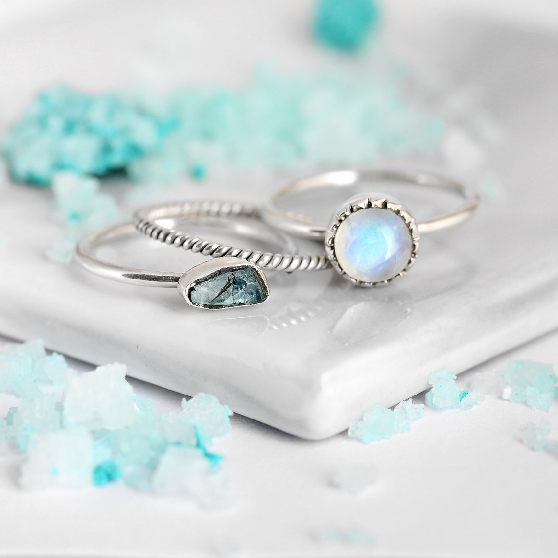 3 Stacking Rings Set Raw Moonstone Aquamarine Ring Sterling Etsy