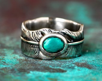 Genuine Turquoise Men's Ring - 925 Sterling Silver, 11mm Square Natural Stone, Feather Design - View #11