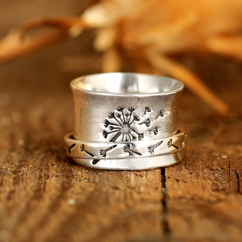 Dandelion Flower Spinner Ring for Women, Sterling Silver Fidget Ring Band, Nature Ring, image 1