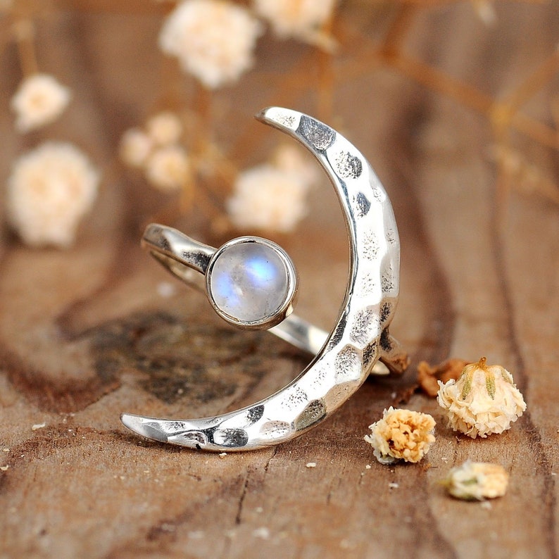 Crescent Moon Ring, Rainbow Moonstone Ring, Adjustable Boho Sterling Silver Ring for Women, Stone Gemstone, Statement Celestial Jewelry image 1