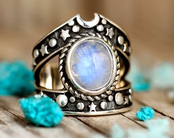 Moonstone Stars and Moon Ring, Sterling Silver Rings for Women, Stone Ring, Gemstone Ring, Boho Ring, Celestial Jewelry