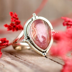 Rhodochrosite Ring for Women, Sterling Silver Ring, Boho Ring, Natural Genuine Real Pink Stone Ring, Statement Ring