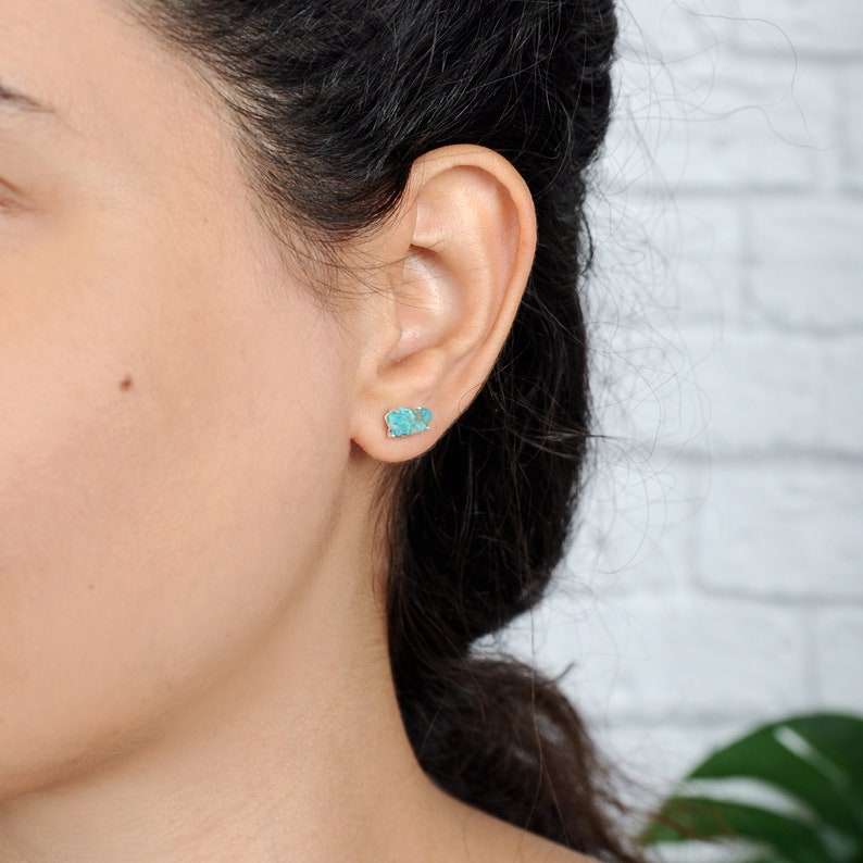 Raw Turquoise Earrings, Sterling Silver Cartilage Earrings, Uncut Gemstone Stud Earrings, Tiny Small Dainty Pair of Earrings image 2
