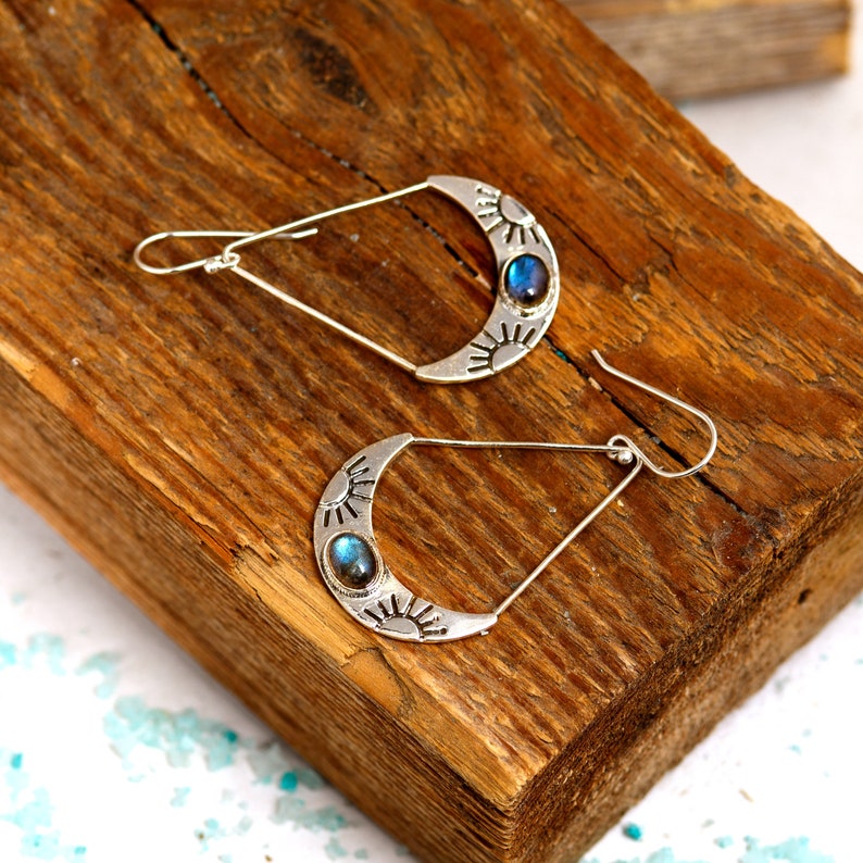 Sun Labradorite Earrings, Large Boho Sterling Silver Earrings, Celestial Jewelry, Statement Earrings, Stone Gemstone Dangle image 4