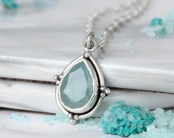 Aquamarine Necklace, Teardrop Pendant, Sterling Silver Necklace for Women, Boho Stone Gemstone Necklace