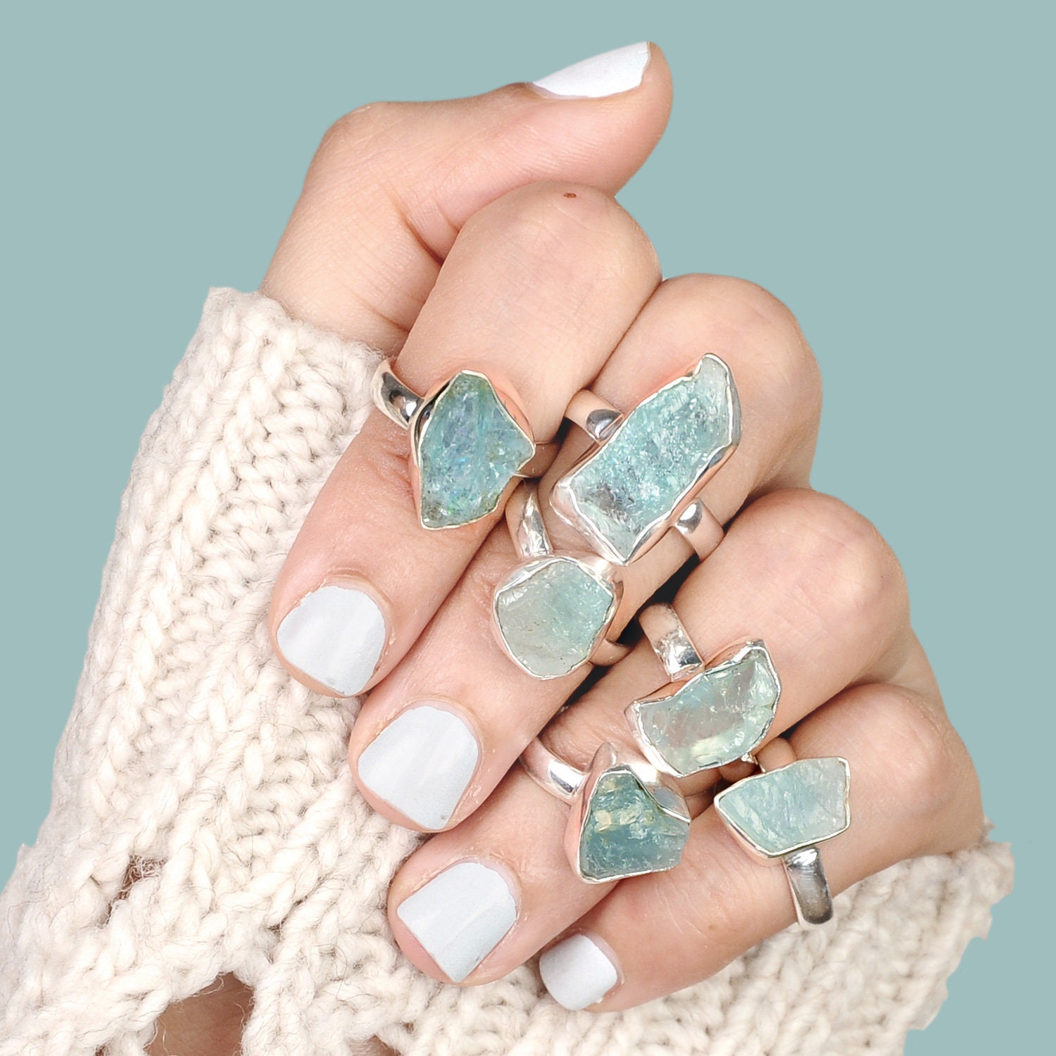 Raw Aquamarine Ring Sterling Silver Rings for Women Natural