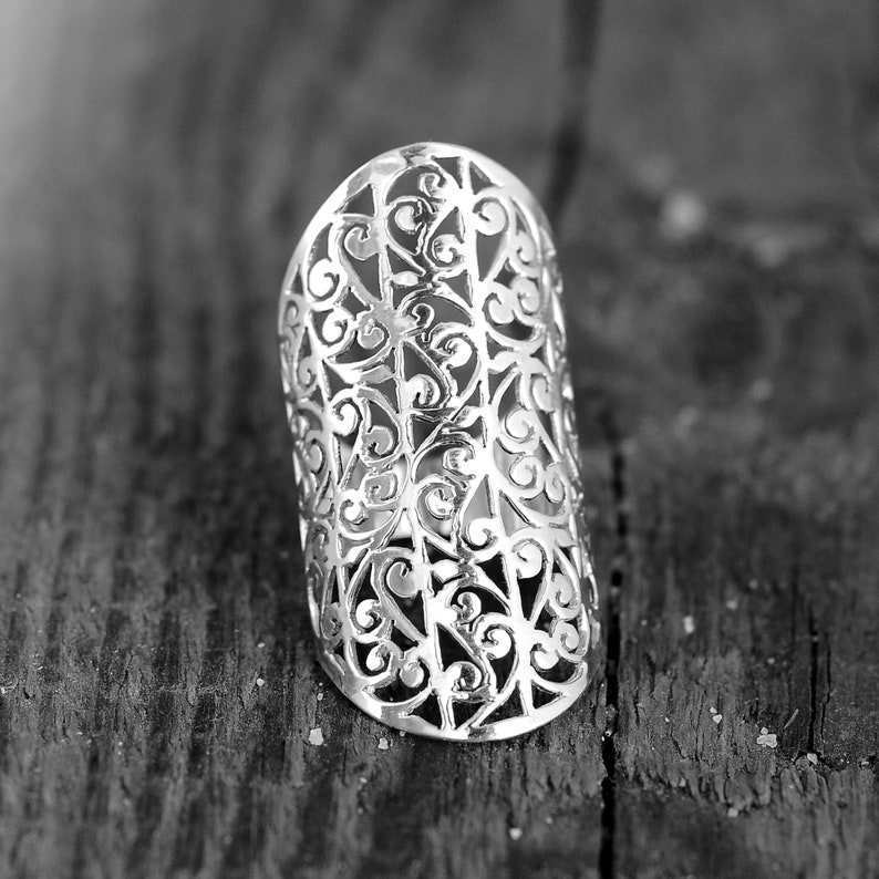 Filigree Ring, Statement Ring, 925 Sterling Silver Ring, Boho, Bohemian Rings for Women, Long Wide Large Full Finger Big Chunky Jewelry image 6