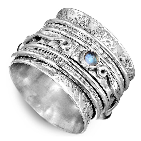 Moonstone Spinner Ring with Stone, 925 Sterling Silver Ring, Meditation Fidget Ring, Wide Band, Large Statement Chunky Rings for Women Ring