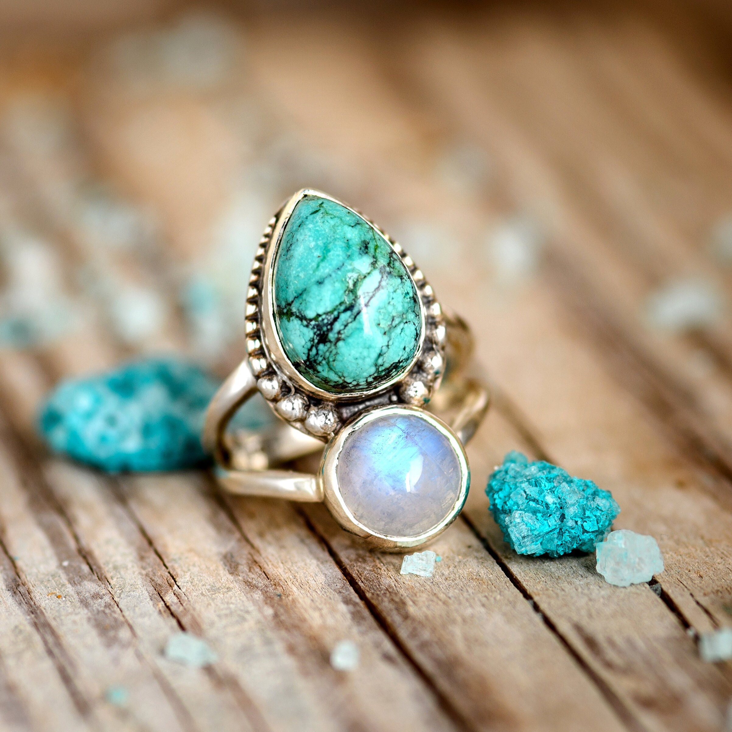 Two Stone Moonstone Turquoise Ring, Sterling Silver Ring for 