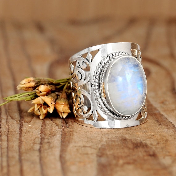 Filigree Rainbow Moonstone Ring Sterling Silver Rings for Women