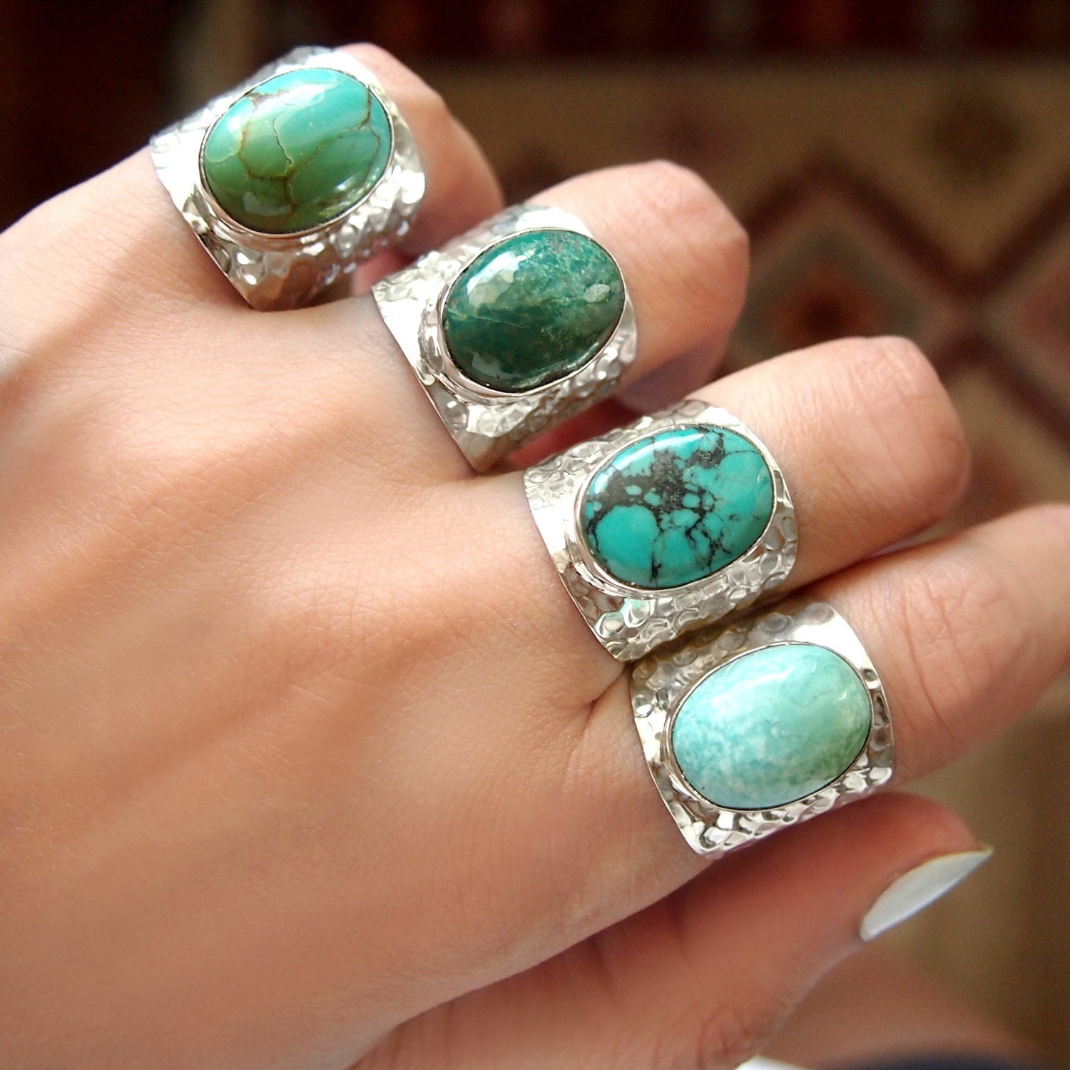 Two Stone Moonstone Turquoise Ring, Sterling Silver Ring For Women