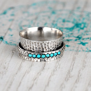 Turquoise Spinner Ring, Sterling Silver Ring for Women, Meditation Ring with Stone, Worry Fidget Ring Band, Oxidized Silver Hammered Ring image 5