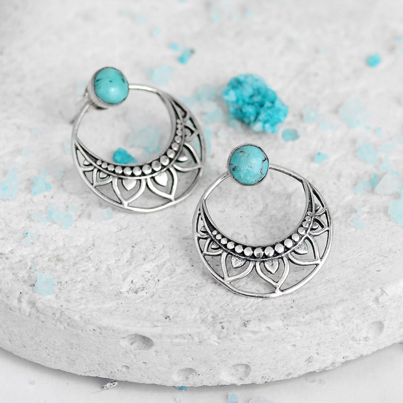 Turquoise Earrings, Ear Jacket Stud, Sterling Silver Front Back Earrings, Bohemian Boho Pair of Earrings image 7