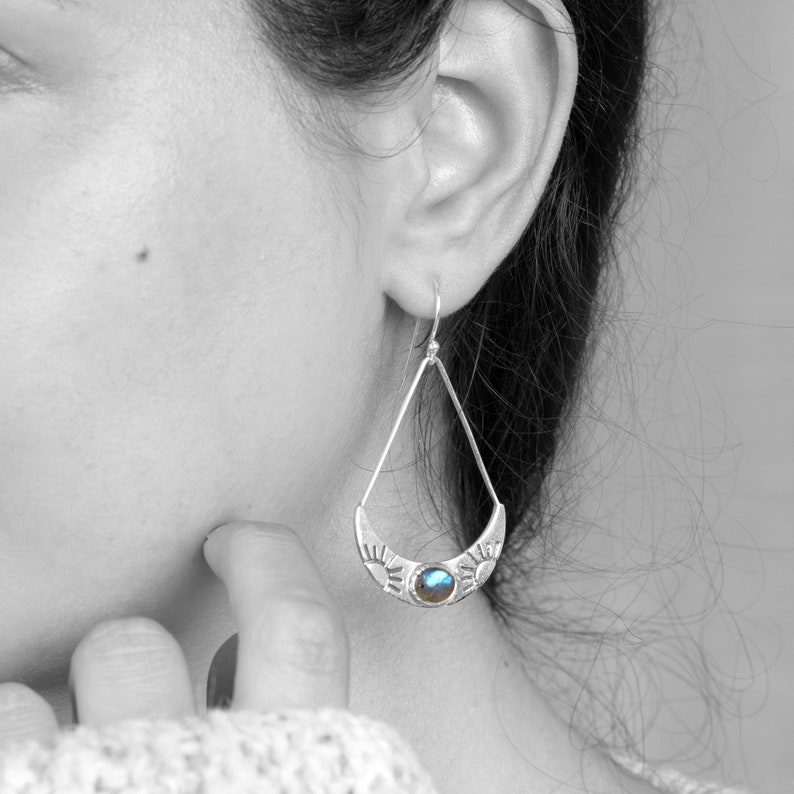 Sun Labradorite Earrings, Large Boho Sterling Silver Earrings, Celestial Jewelry, Statement Earrings, Stone Gemstone Dangle image 5